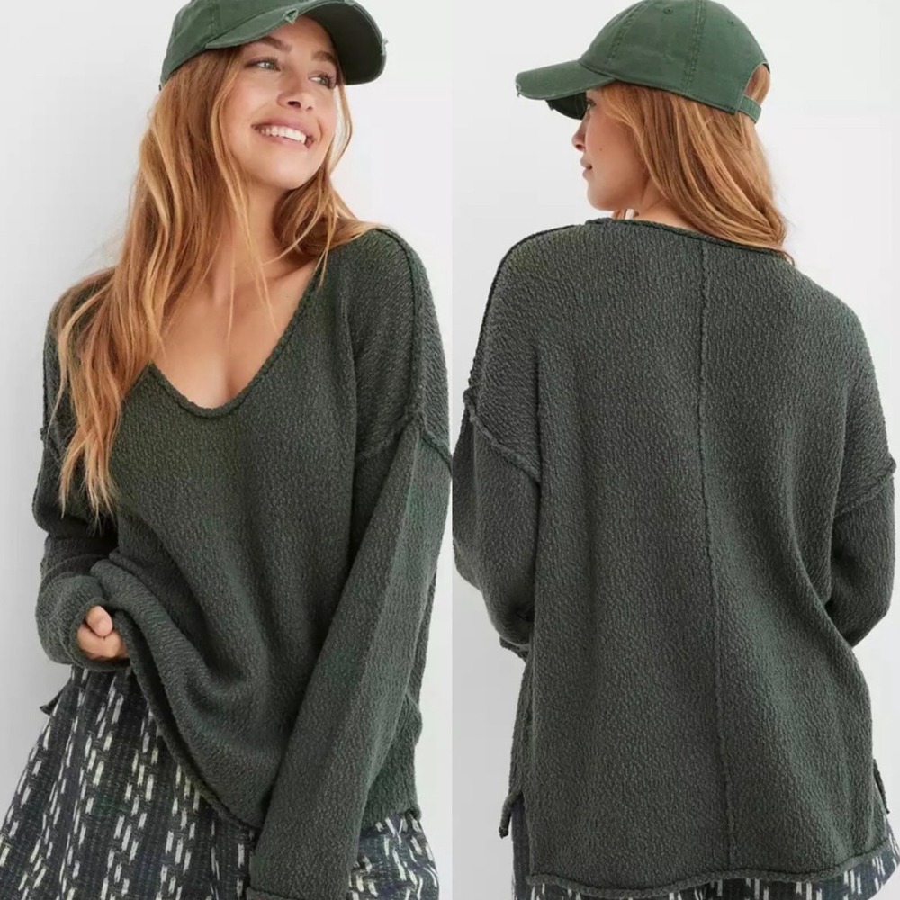 Aerie Oversized Voop Sweater Green Size S Roll Neck Slouchy Knit Lounge Beachy
